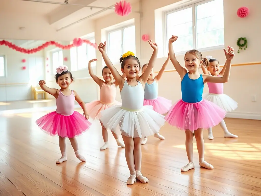 A group of young children in a ballet class, wearing tutus and practicing their poses with the instructor. The studio is bright and cheerful, with mirrors lining the walls.