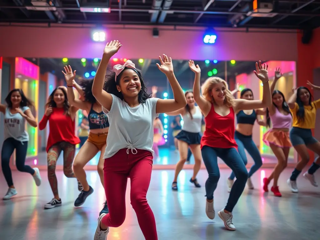 Teenagers practicing hip-hop dance moves in a studio, with an instructor guiding them. The atmosphere is energetic and dynamic.