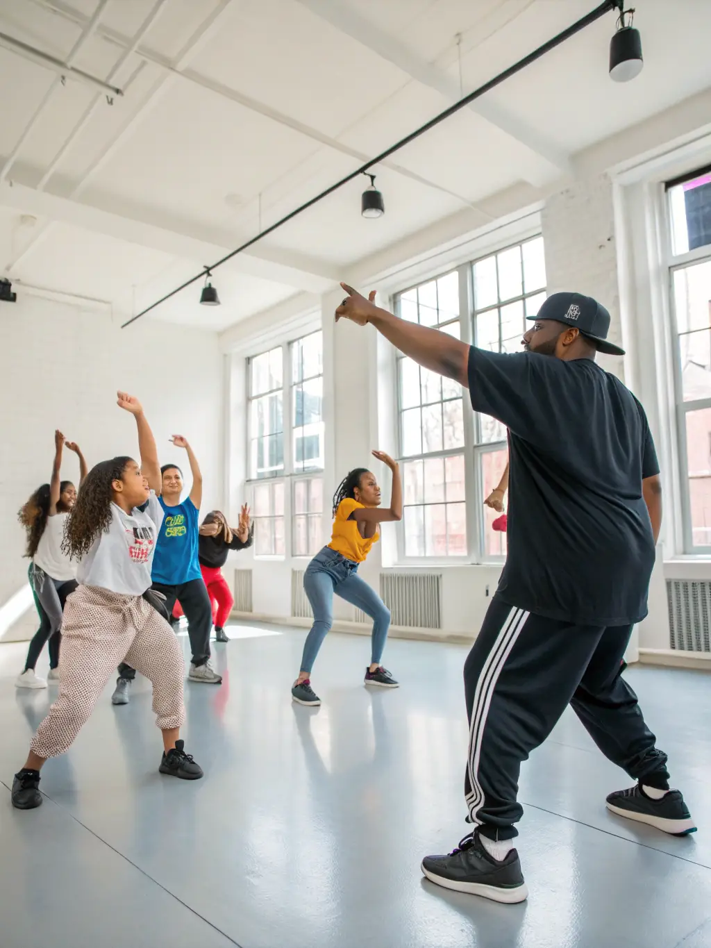 Teenagers practicing hip-hop dance moves in a dynamic and energetic class setting, showcasing the modern and diverse dance styles offered by Envie Danse.