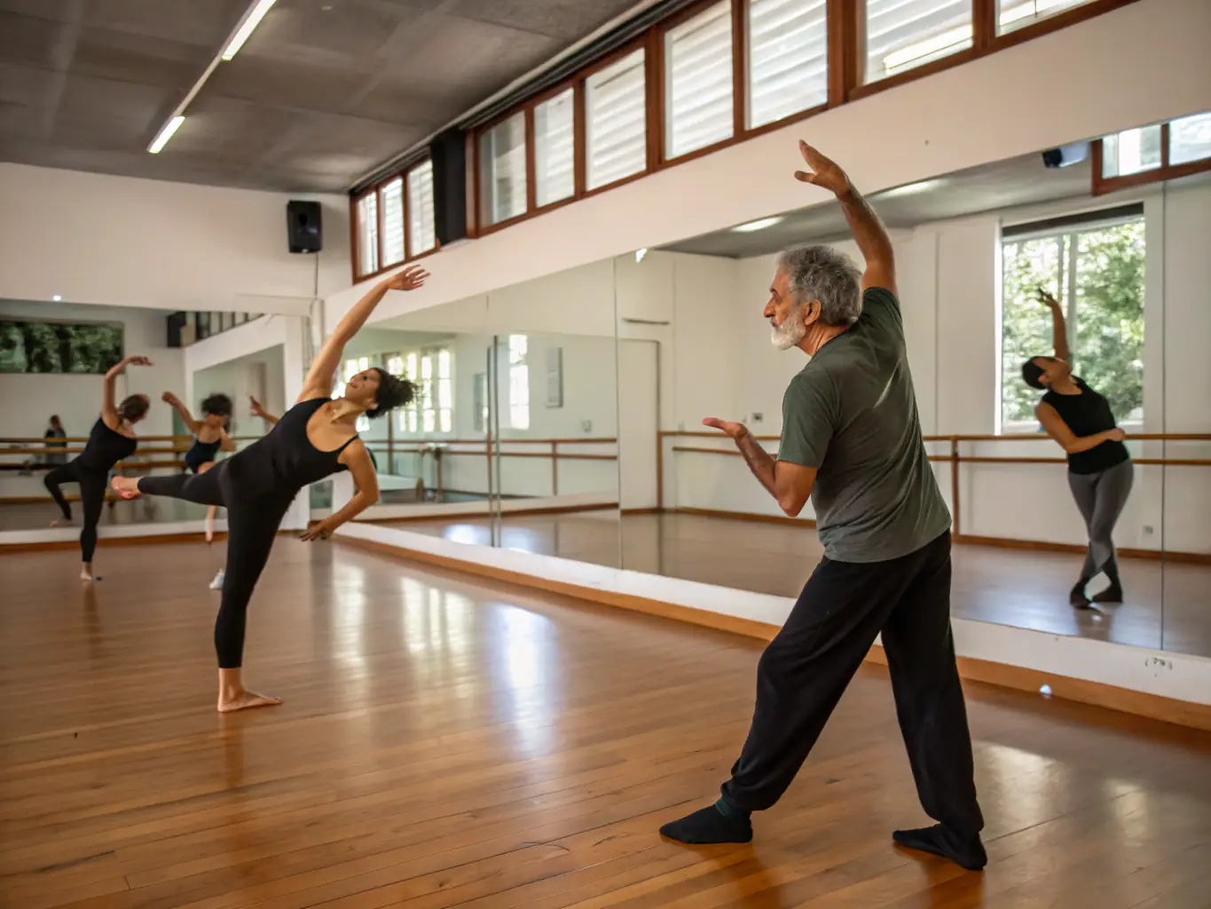 Adults participating in a contemporary dance class, moving fluidly and expressively. The lighting is soft and the atmosphere is relaxed.