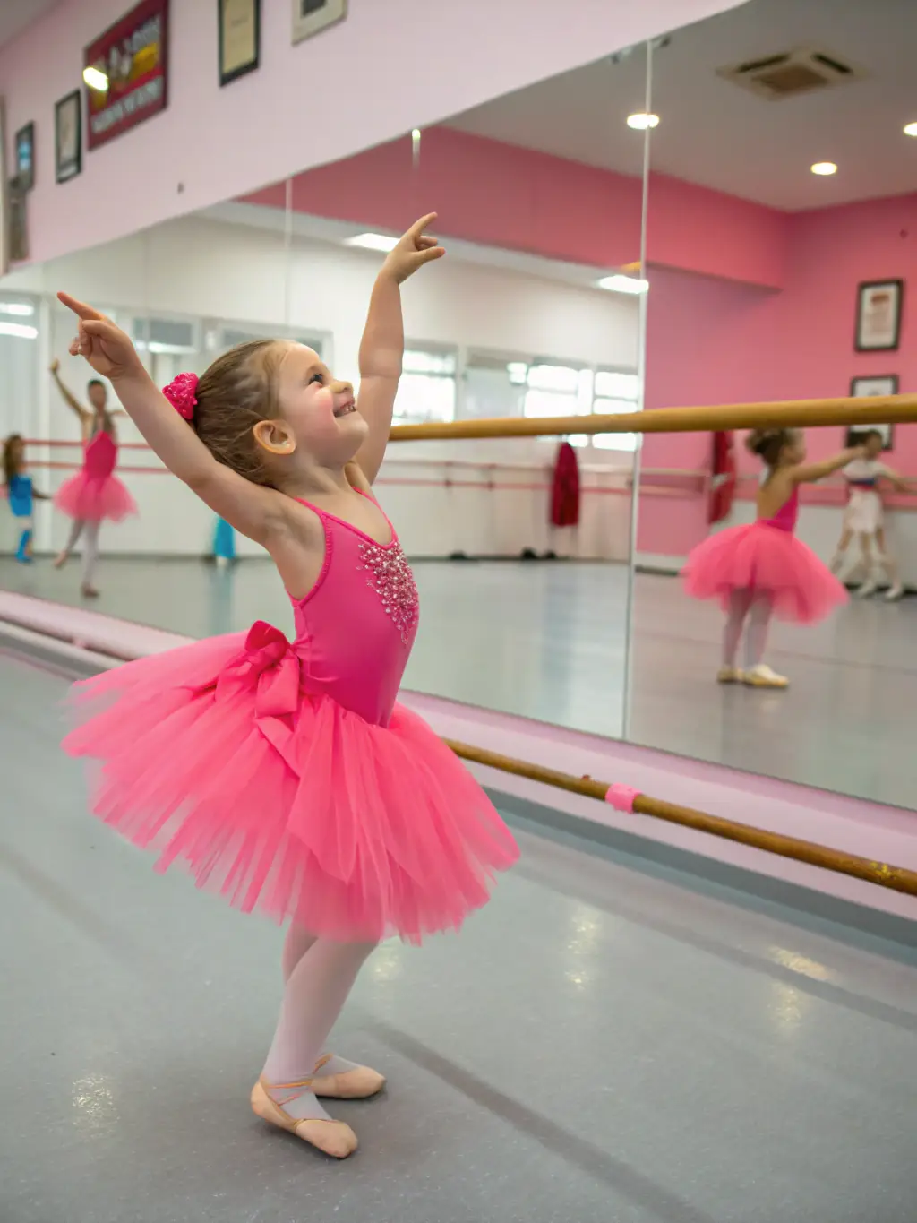 A group of children in colorful dance attire learning basic ballet steps in a bright studio, reflecting the fun and accessible nature of Envie Danse's classes for young learners.