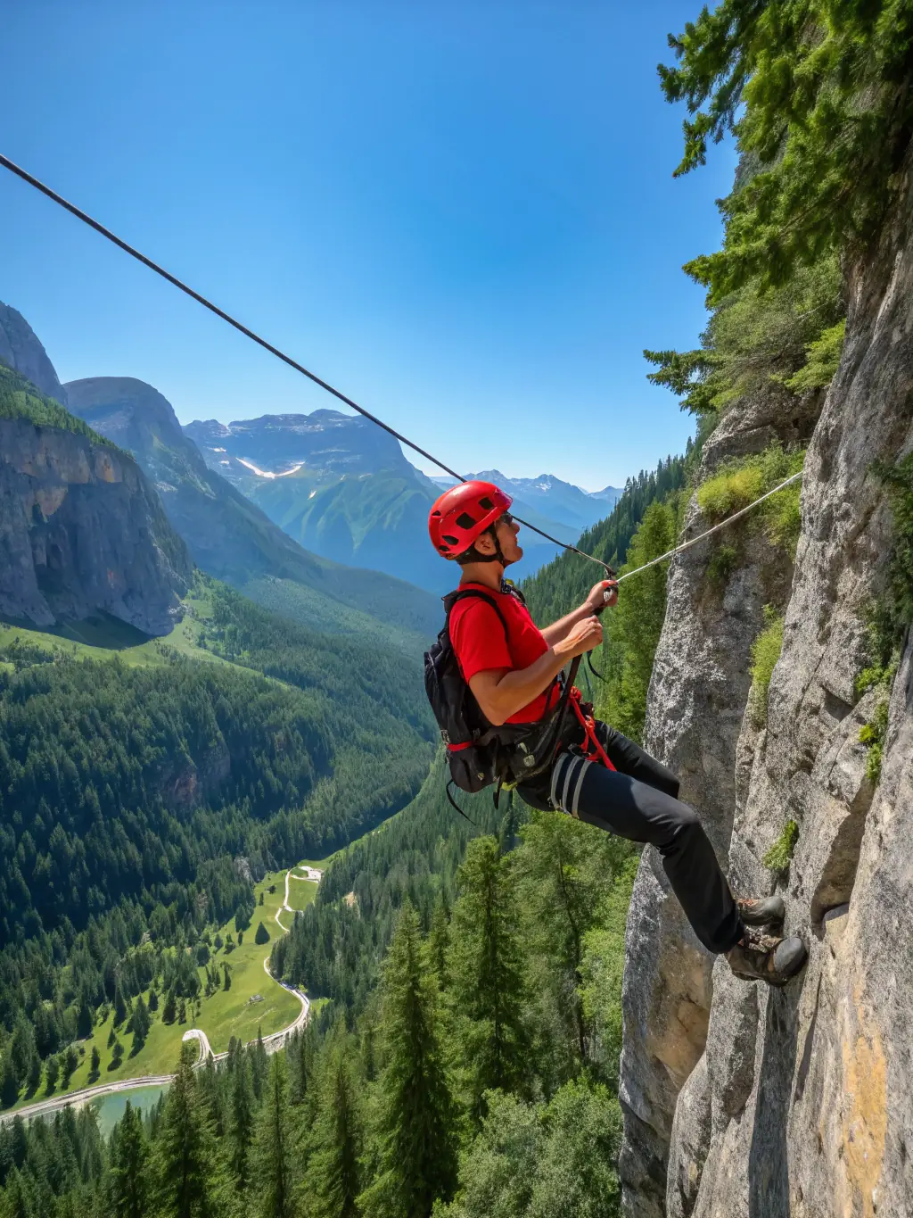 A person rappelling down a rock face with safety gear, showcasing the climbing program offered by ADO Les Araignées de l'Ouest.