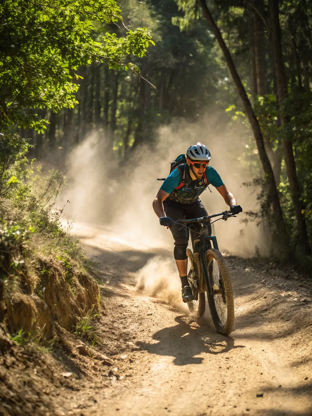 Mountain bikers riding through a scenic forest path, highlighting the mountain biking program's emphasis on outdoor fitness and adventure.