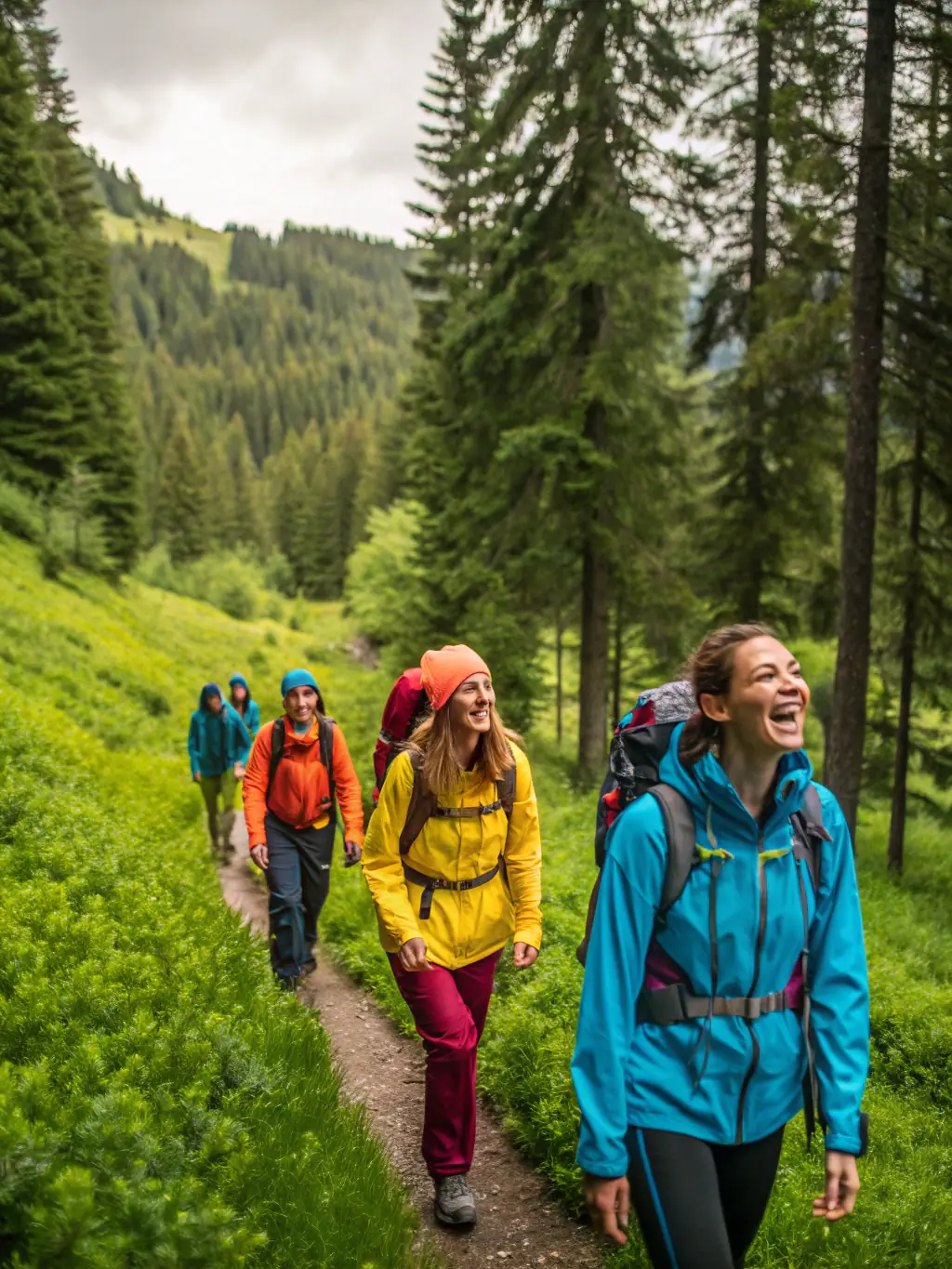 A group of hikers traversing a mountain trail, surrounded by lush greenery and clear skies, showcasing the hiking program offered by ADO Les Araignées de l'Ouest.