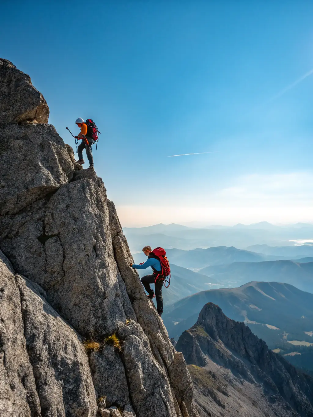 A team of climbers scaling a challenging rock face, demonstrating the climbing program's focus on skill development and teamwork.