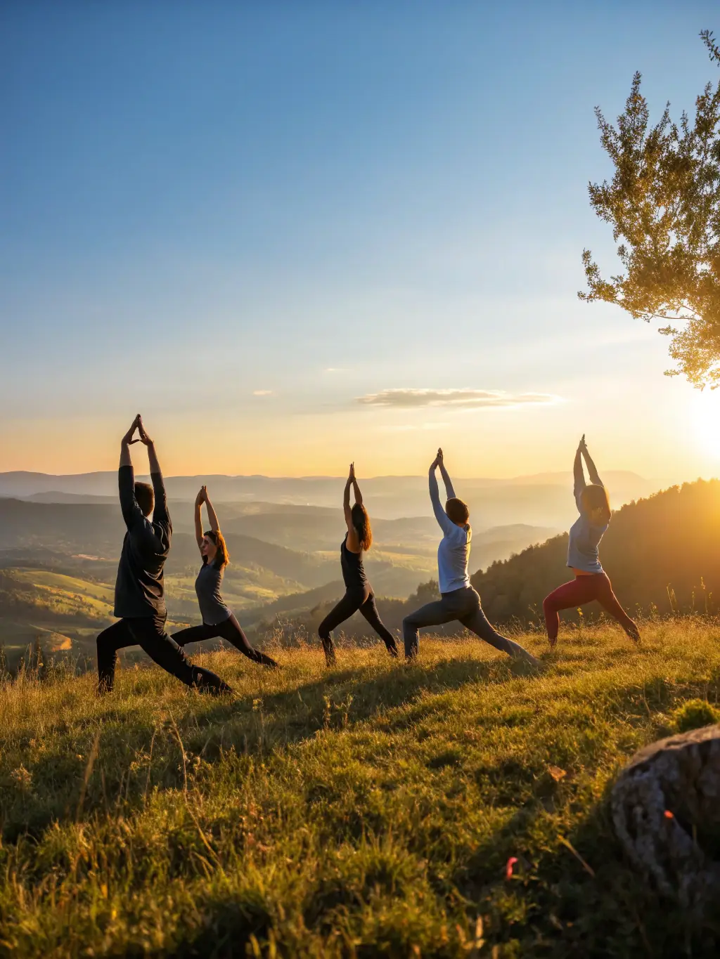 A group of people practicing yoga outdoors in a mountain setting, representing the wellness program offered by ADO Les Araignées de l'Ouest.