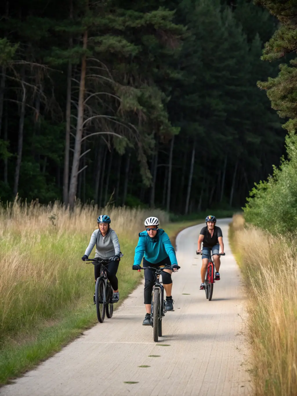 A group of mountain bikers riding through a forest path, demonstrating the mountain biking program offered by ADO Les Araignées de l'Ouest.
