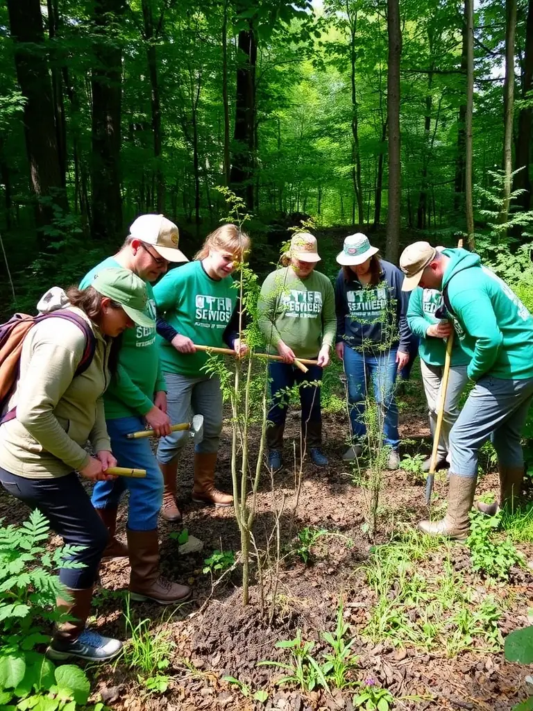 A photograph capturing members of SOCIETE DE CHASSE DE MIJOUX actively involved in a habitat restoration project, planting trees and clearing invasive species in a local forest area.