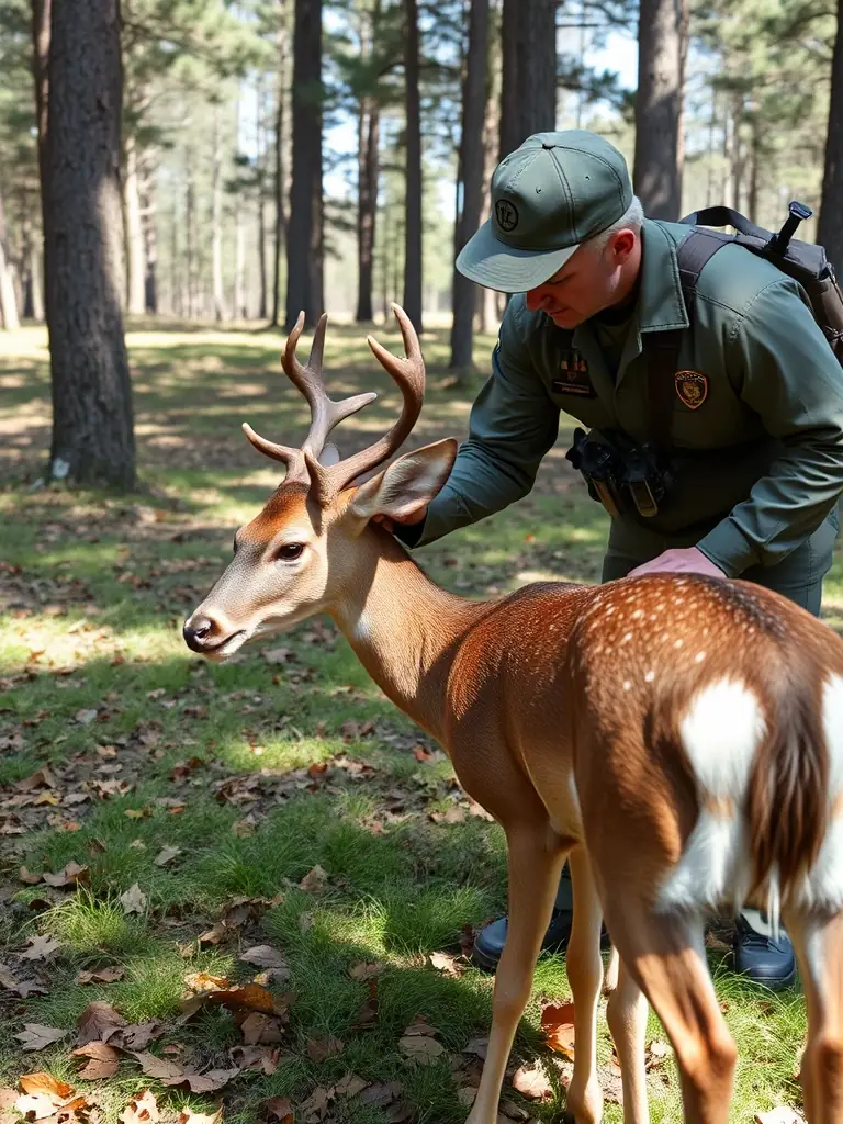 A photograph depicting a game warden or club member tagging a deer as part of a population monitoring program, with a focus on responsible wildlife management.