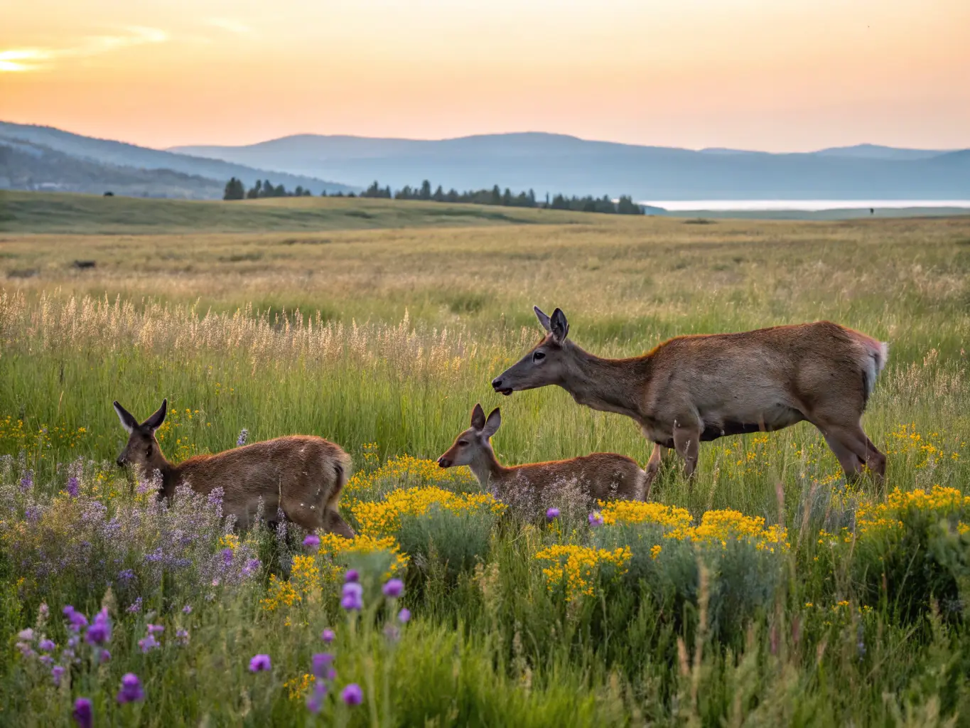 A serene image of deer grazing in a meadow, illustrating the careful monitoring and management of game populations by SOCIETE DE CHASSE DE MIJOUX.
