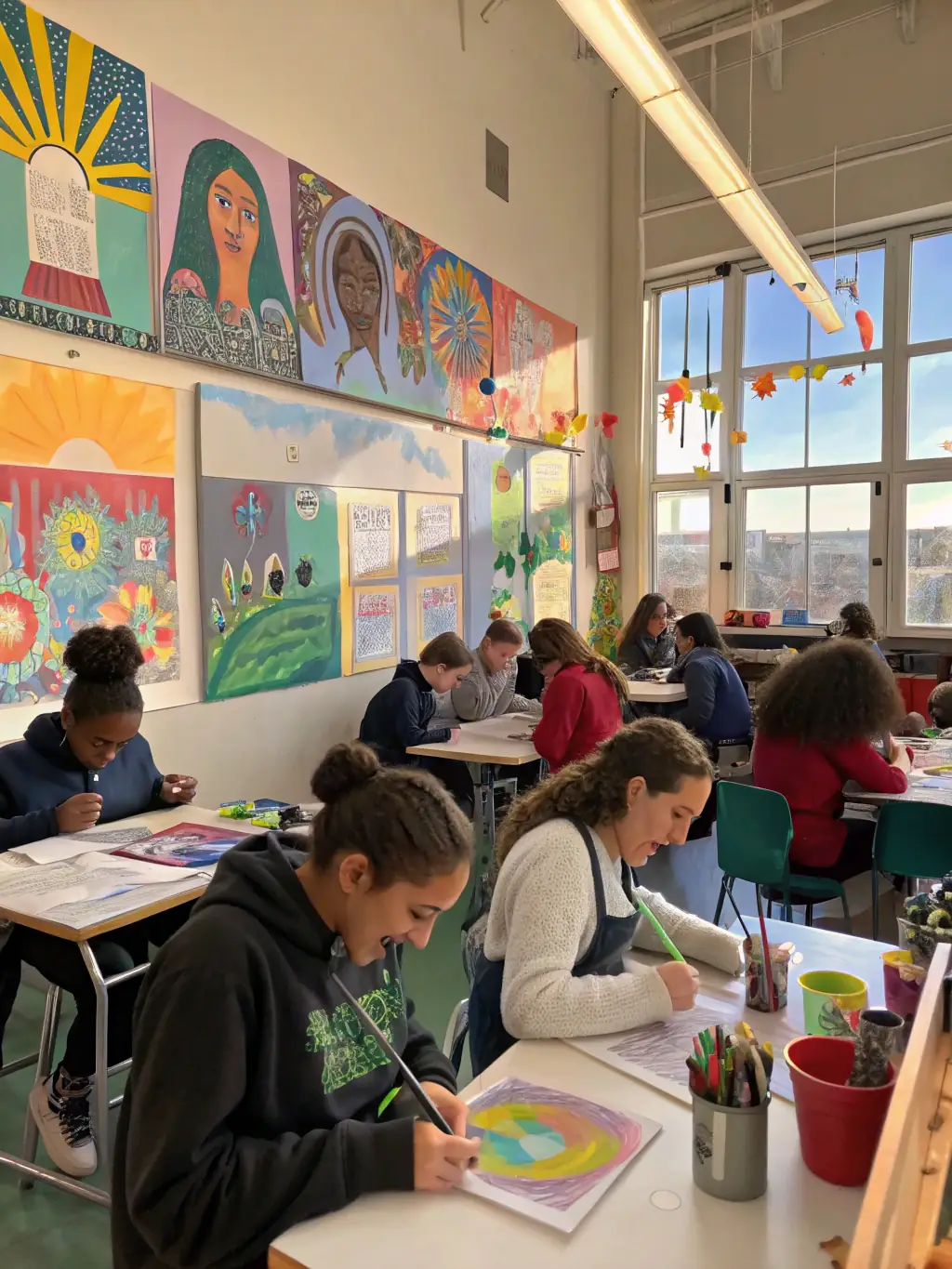 Children creating colorful paintings and drawings in an art workshop, surrounded by art supplies and displaying their artwork at ASSOCIATION LE LOUP QUI DANSE.