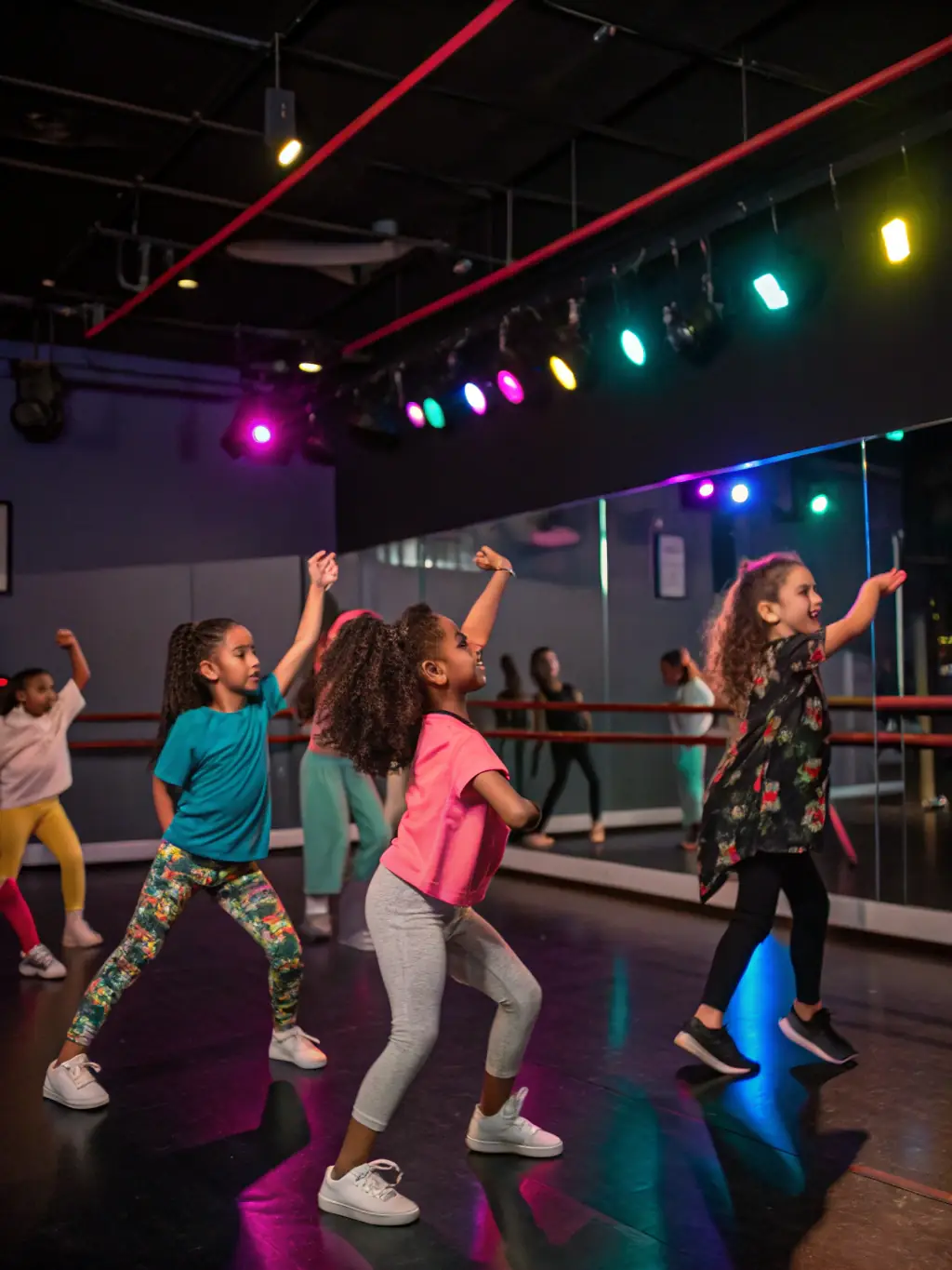 Teenagers participating in a dynamic dance class, learning contemporary dance moves with enthusiasm and energy at ASSOCIATION LE LOUP QUI DANSE.
