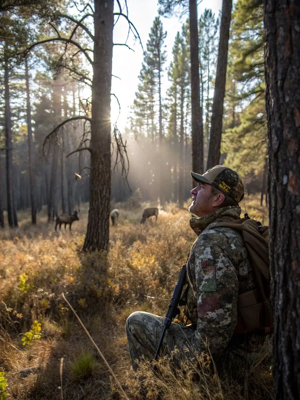 A photograph showcasing a SOCIETE DE CHASSE DE MIJOUX member patrolling a hunting area, equipped with binoculars and dressed in appropriate hunting attire, symbolizing anti-poaching efforts.