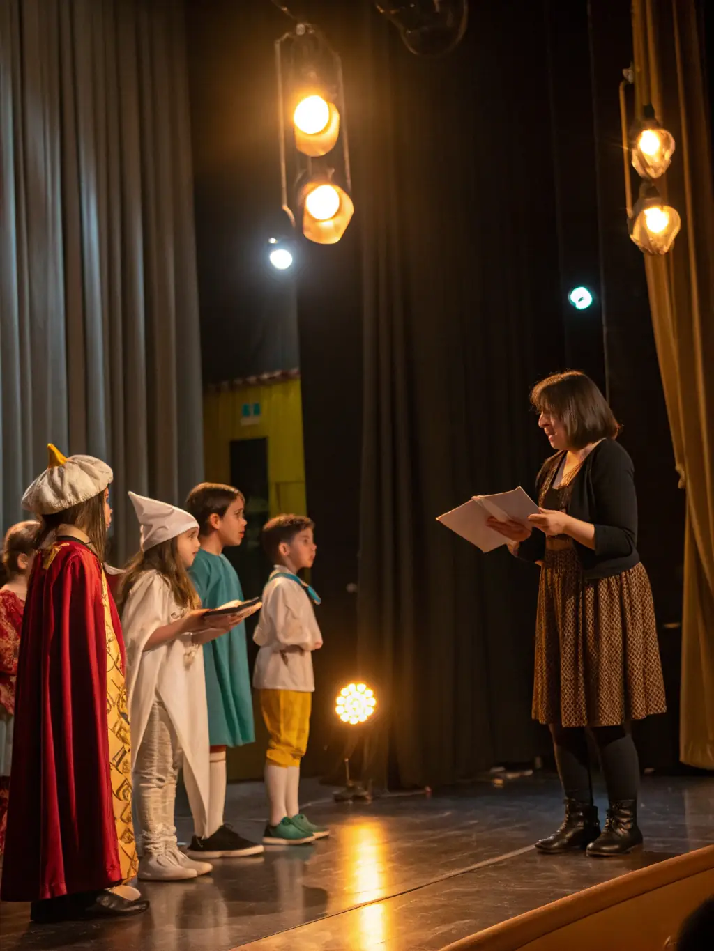 Children rehearsing a scene from a play, wearing costumes and using props, under the guidance of a theatre instructor at ASSOCIATION LE LOUP QUI DANSE.
