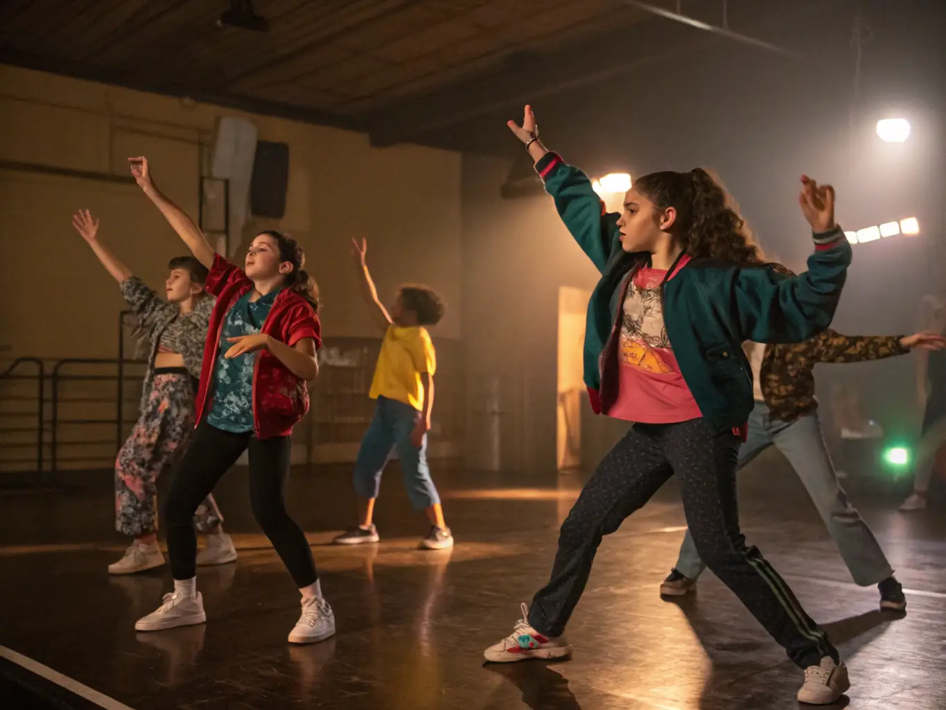 A dynamic image showing young dancers in a modern dance class, expressing themselves through movement under the guidance of a skilled choreographer.