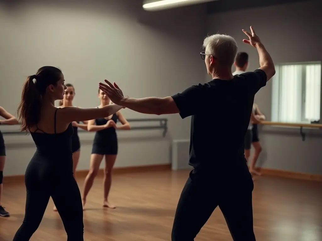 A professional photograph of a skilled instructor guiding students in a dance class, emphasizing the quality of arts education provided at ALQD.