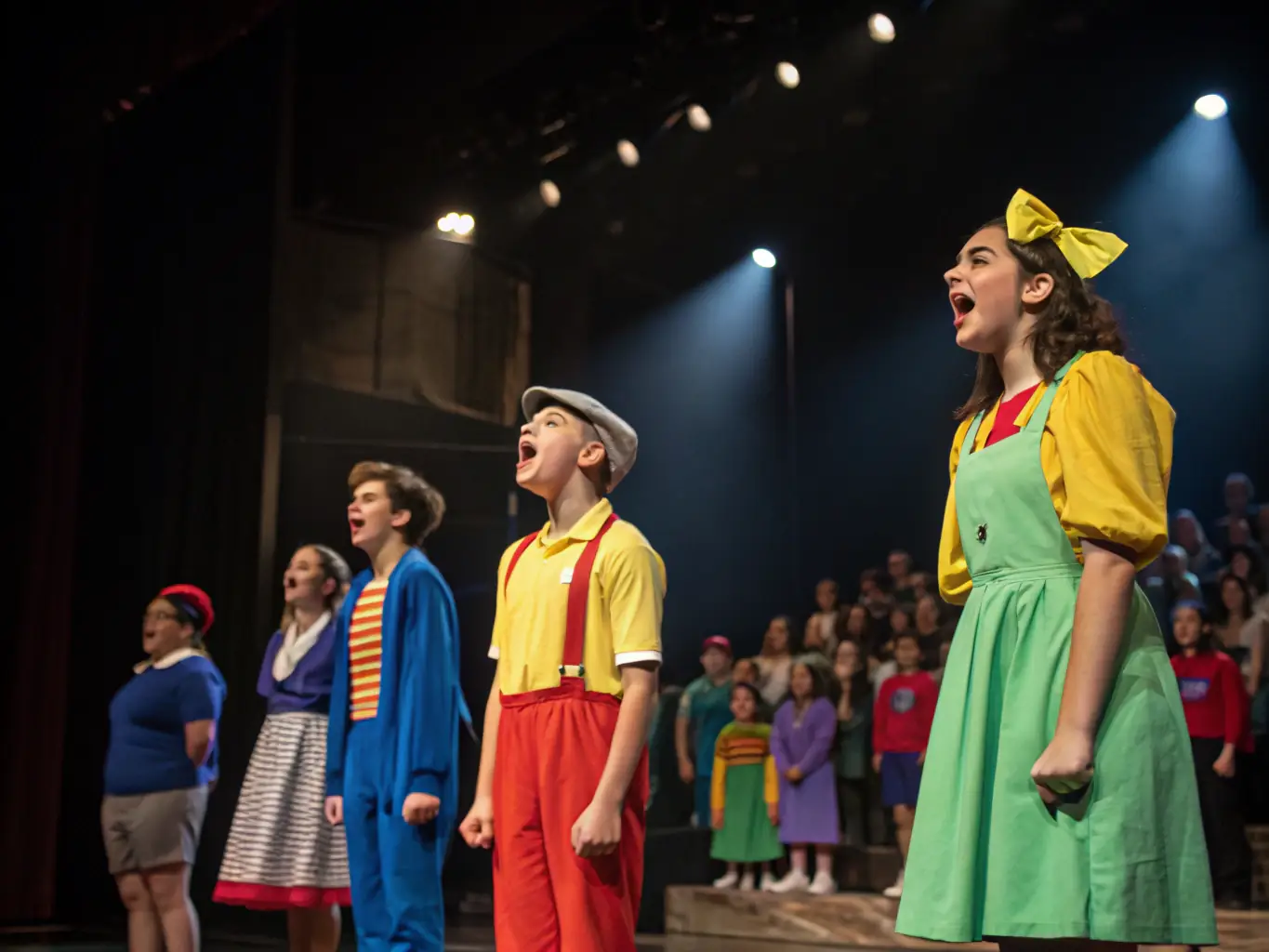 A captivating scene from a children's theatre production, showcasing young actors in colorful costumes performing on stage with expressive gestures and emotions.