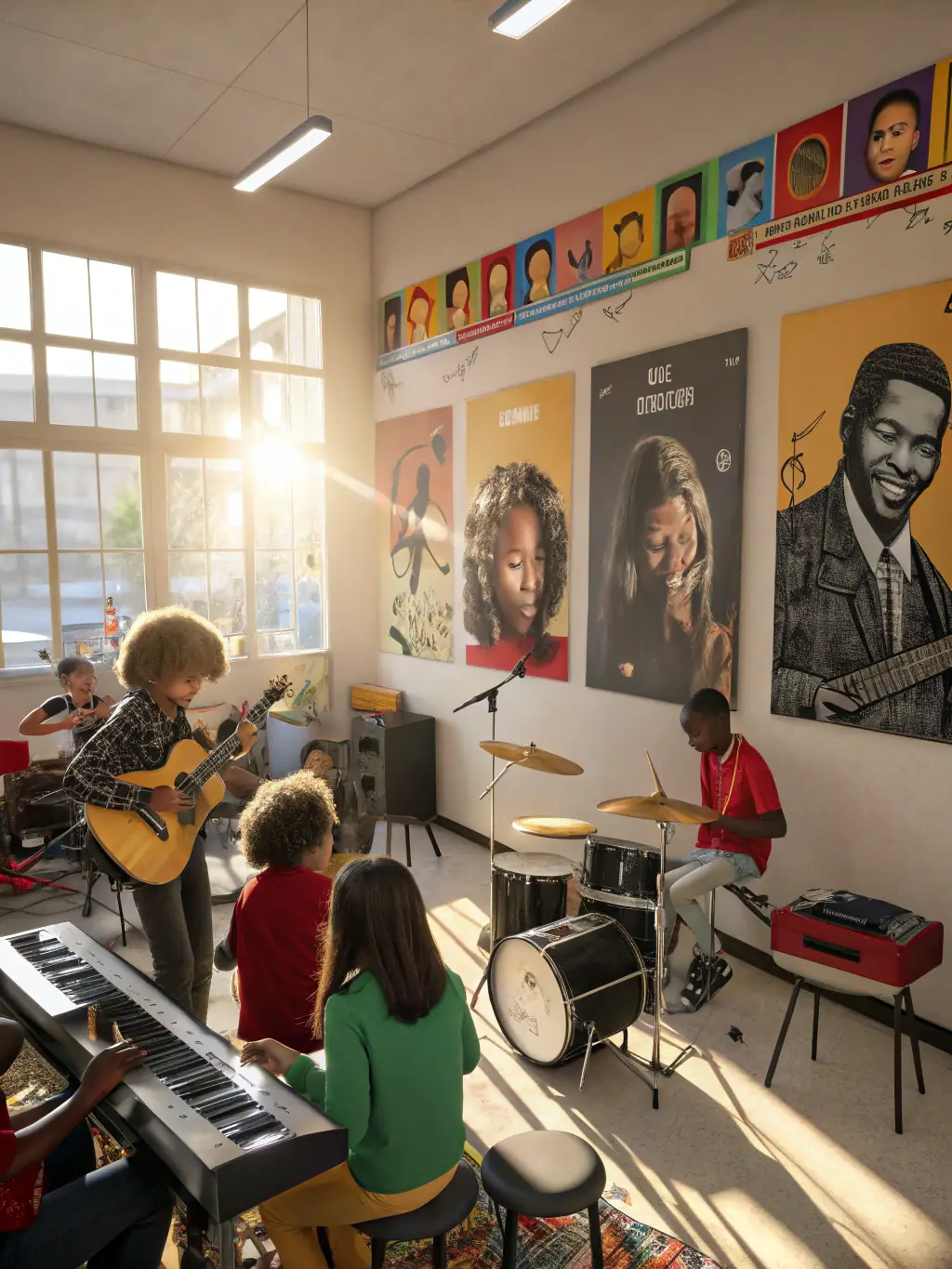 A group of children joyfully playing musical instruments together in a vibrant and colorful music workshop setting at ASSOCIATION LE LOUP QUI DANSE.