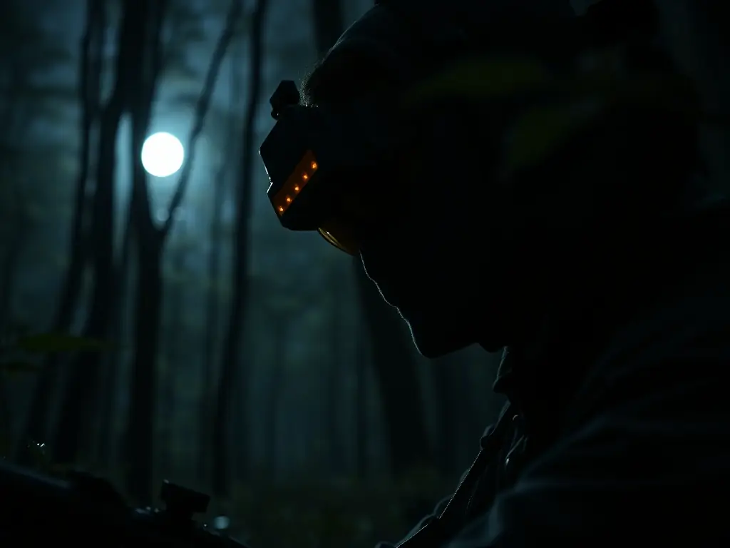 A nighttime scene showing members of SOCIETE DE CHASSE DE MIJOUX patrolling a forest, equipped with binoculars and radios, to deter poachers and protect wildlife.
