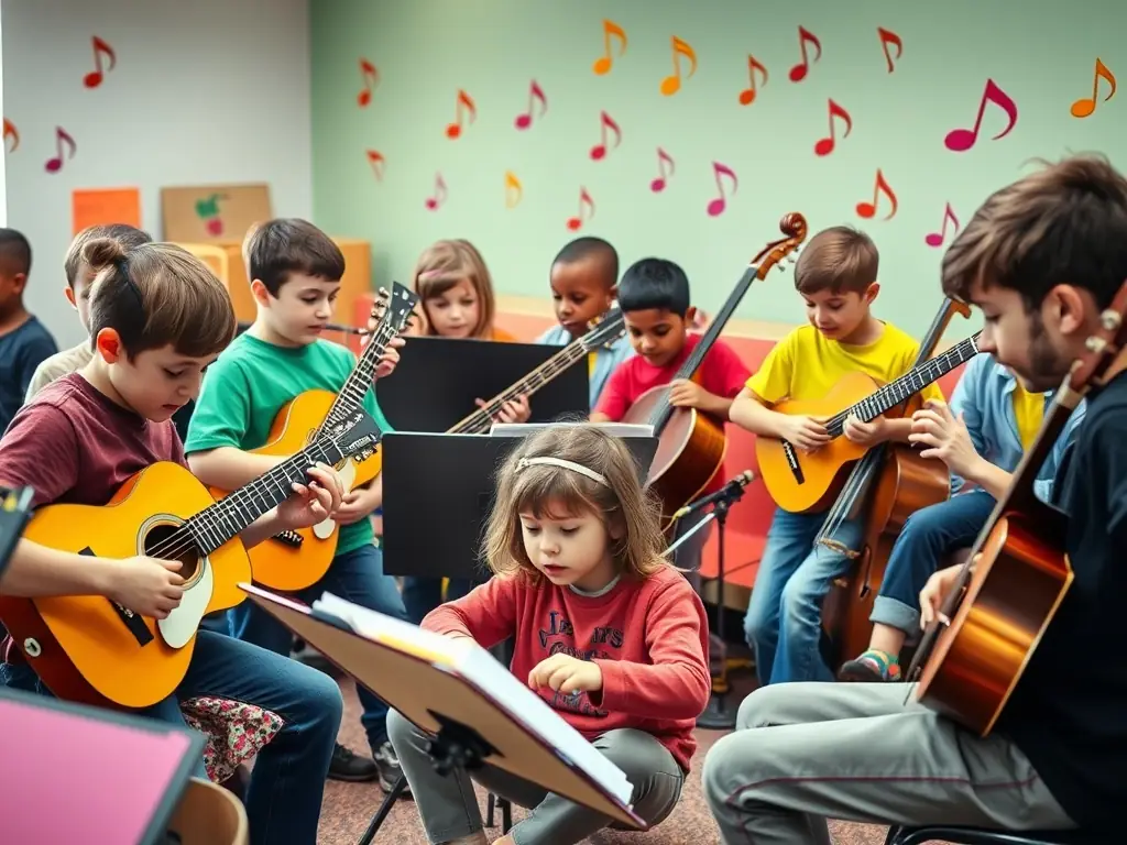 A vibrant photograph capturing children and teenagers joyfully participating in a music workshop, surrounded by various instruments and guided by an enthusiastic instructor.